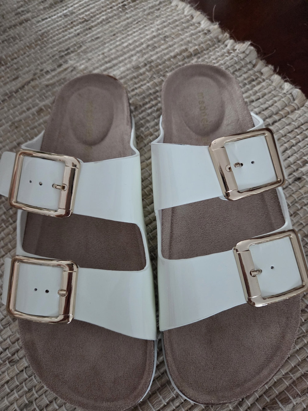 Madden Girl White Slide Sandals with Rose Gold Buckles - Picture 3 of 6